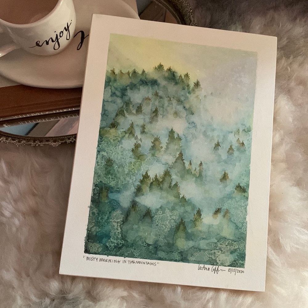 “Misty Morning in the Mountains” watercolor mounted on birch board 12”x9”